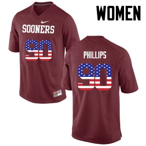 Women Jordan Phillips Crimson OU College Football USA Flag Fashion #90 Jersey 480050-524