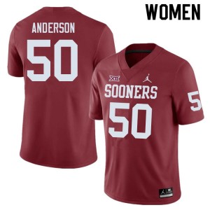 Women Ben Anderson Crimson Sooners College Football #50 Jersey 454503-104